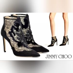 38/8 ❤️ Jimmy Choo Black Suede Lace High Heels Zip BOOTS ITALY